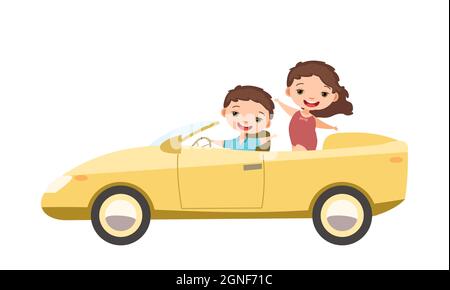 Voiture pour enfants. Les enfants s'amusent dans une voiture jaune moderne et cabriolet. Véhicule jouet. Avec un moteur. Mignon auto passager. Isolé sur fond blanc. Vecteur Illustration de Vecteur