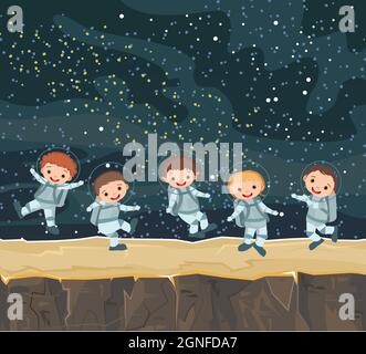 Les enfants des astronautes dans l'espace. Arrière-plan COSMOS. Planètes. Illustration pour enfants. Paysage de ciel étoilé. Couleurs sombres. Style plat. Dessin animé Illustration de Vecteur