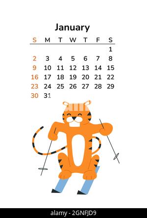 Calendrier vertical 2022 avec tigres. Page de janvier. Pages au format A4. Tigre de style dessin animé. Bonne année 2022. Horoscope chinois. Vecteur isolé Illustration de Vecteur