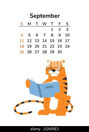 Calendrier vertical 2022 avec tigres. Page de septembre. Pages au format A4. Tigre de style dessin animé. Horoscope chinois. Illustration vectorielle isolée. Lecture Illustration de Vecteur