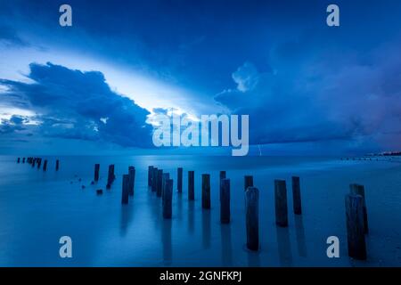 Crépuscule sur les anciennes jetée pidings le long du golfe du Mexique à Naples, Floride, États-Unis Banque D'Images