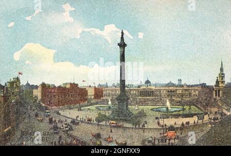 Carte postale antique représentant Trafalgar Square, Londres, avec la colonne de Nelson, la Maison du Canada, la Galerie nationale et l'église Saint-Martin-dans-les-champs. Banque D'Images