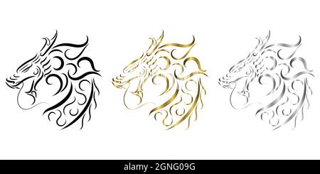 trois couleurs noir or et argent ligne art de la tête de dragon. Bon usage pour symbole, mascotte, icône, avatar, tatouage, T-shirt, logo ou tout autre motif Illustration de Vecteur