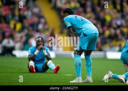 WATFORD, ROYAUME-UNI. 25 SEPT Allan Saint-Maximin de Newcastle gestes pendant le match de la Premier League entre Watford et Newcastle United à Vicarage Road, Watford le samedi 25 septembre 2021. (Credit: Federico Maranesi | MI News) Credit: MI News & Sport /Alay Live News Banque D'Images