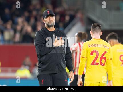 Brentford, Royaume-Uni. 25 septembre 2021. Jurgen Klopp, responsable de Liverpool, après le match de la Premier League entre Brentford et Liverpool au Brentford Community Stadium, Brentford, Angleterre, le 25 septembre 2021. Photo par Andrew Aleksiejczuk/images de premier média. Crédit : Prime Media Images/Alamy Live News Banque D'Images