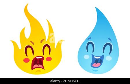 Ensemble vectoriel icônes deux éléments feu et eau. Éléments de la nature dans le style emoji. Incendie et eau. Kawaii emoji. Illustration de Vecteur