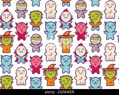 Motif vectoriel sans coutures avec enfants en costumes pour Halloween. Motif avec de jolis enfants dans les costumes de monstres d'Halloween. Texture Halloween. Illustration de Vecteur