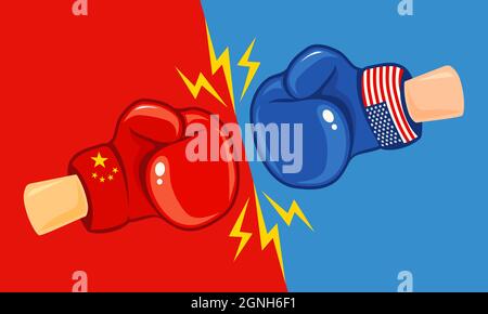 Logo Vector vintage pour une boxe avec des gants et deux drapeaux. Emblème vintage de deux gants de boxe avec drapeaux Chine et Etats-Unis. USA contre Chine, guerre commerciale. Illustration de Vecteur