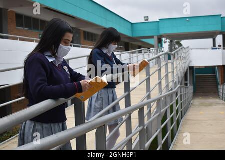 MOSQUERA, COLOMBIE - 31 août 2021 : deux jeunes étudiantes avec masques de sécurité lisant un livre en se tenant près de la clôture sur le campus Banque D'Images