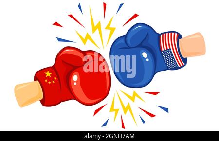 Logo Vector vintage pour une boxe avec des gants et deux drapeaux. Emblème vintage de deux gants de boxe avec drapeaux Chine et Etats-Unis. USA contre Chine, guerre commerciale. Illustration de Vecteur