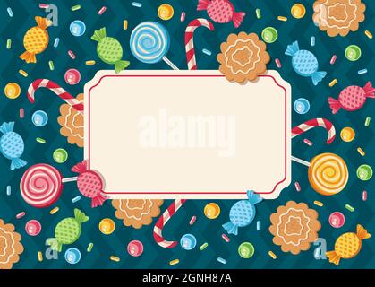 Carte vectorielle vintage avec bonbons pour les fêtes ou les vacances. Modèle de carte vectoriel avec bonbons pour Noël ou le nouvel an Illustration de Vecteur
