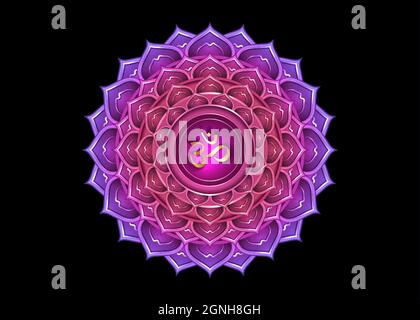 Septième modèle de logo chakra Sahasrara. Symbole Chakra de la couronne, méditation du signe sacré du Lotus violet, icône mandala ronde dorée du yoga. Symbole doré symbole Om Illustration de Vecteur