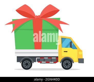 Illustration vectorielle de style dessin animé d'un camion de livraison avec un grand cadeau. Le chariot est isolé sur fond blanc Illustration de Vecteur
