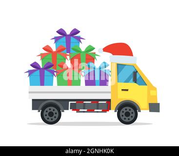 Illustration vectorielle de style dessin animé d'un camion de livraison avec chapeau de père noël et bouquet de cadeaux de noël. Le chariot est isolé sur fond blanc Illustration de Vecteur