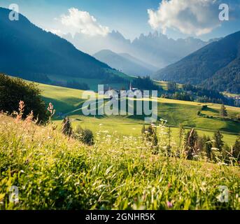 Vue majestueuse du matin sur le village de Santa Maddalena ou de Santa Maddalena. Pittoresque scène estivale de la vallée de Funes. Paysage pittoresque du parc national Banque D'Images