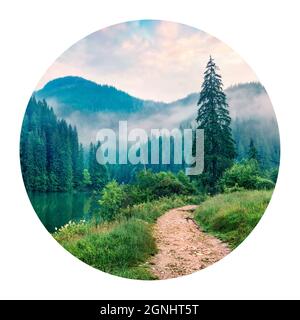 Icône ronde de la nature avec paysage. Matin d'été brumeux sur le lac de Lacu Rosu, comté de Harghita, Roumanie, Europe. La photographie en cercle. Banque D'Images