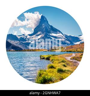 Icône ronde de la nature avec paysage. Vue d'été colorée sur le lac Stellisee. Superbe scène en plein air avec le mont Cervin. Alpes suisses, Zermatt, S Banque D'Images