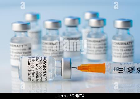 TURIN, ITALIE - 24 SEPTEMBRE 2021 : flacons de Comirnaty pour vaccins Pfizer-BioNTech COVID-19, flacons de vaccins originaux avec seringue en concentration sélective sur flou Banque D'Images