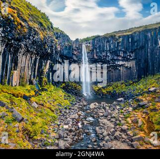 Vue depuis un drone volant. Une vue à couper le souffle le matin sur la célèbre chute d'eau Svartifoss (Black Fall). Scène estivale exotique à Skaftafell, Vatnajokull National Banque D'Images