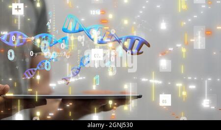 Rendu 3d des signes d'ADN détenus par un médecin sur une tablette avec espace libre Banque D'Images