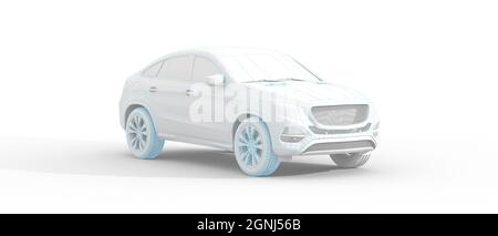 Un rendu 3d d'une icône de voiture électrique blanche forme des lignes, des triangles et un style de particule sur un fond blanc Banque D'Images