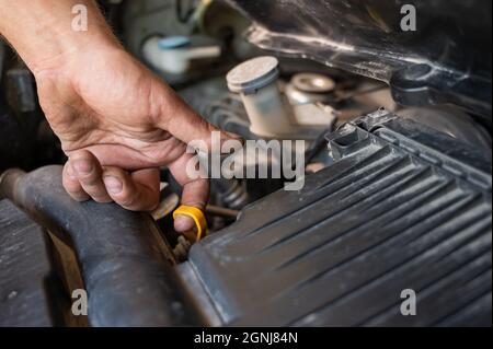 Un mécanicien de bord retire une jauge pour vérifier le niveau d'huile dans un moteur de voiture. Banque D'Images