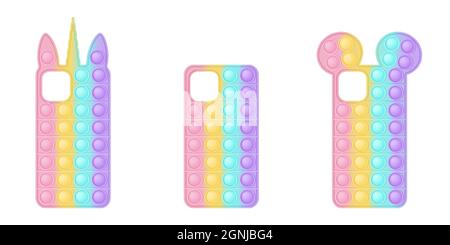 Un ensemble de étuis pour téléphones portables sous forme de jouets popit pour les ménés. Les couvertures sont en couleurs arc-en-ciel pastel, avec des oreilles licorne et souris et une forme simple. Ven Illustration de Vecteur