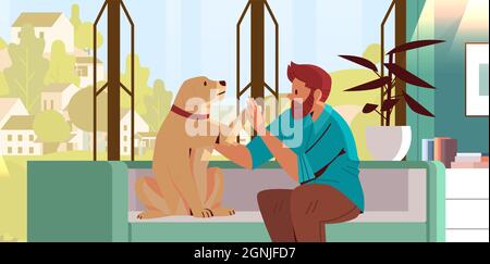 jeune homme passant du temps avec le maître de chien mâle et mignon animal domestique amitié avec le concept d'animal de compagnie Illustration de Vecteur