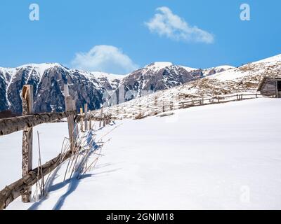 Bergerie abandonnée en hiver avec les montagnes Bucegi en arrière-plan. Paysage d'hiver dans les Carpathian Mountains Banque D'Images