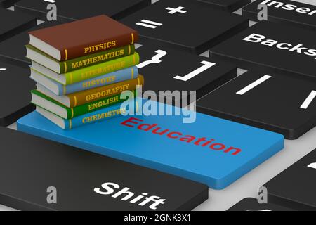 Empilez les livres scolaires sur le clavier. Illustration 3D Banque D'Images