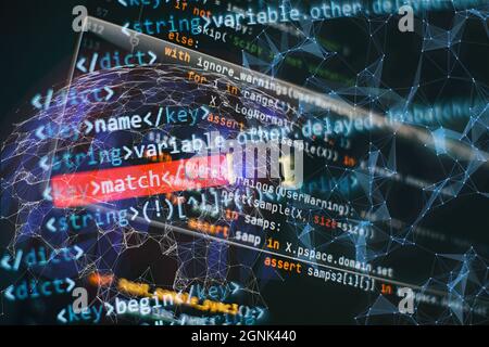 Optimisation SEO. Technologie moderne. Syntaxe PHP mise en évidence. Écriture des fonctions de programmation sur l'ordinateur portable. Tendance du Big Data et de l'Internet des objets. Banque D'Images