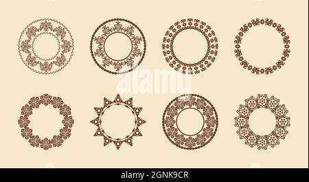 Motif de cadre rond.ensemble vectoriel de bordures de décorations circulaires de style vintage. Cadres ovales en dentelle à motifs pour plus de style. Marron et beige. Damassé Illustration de Vecteur