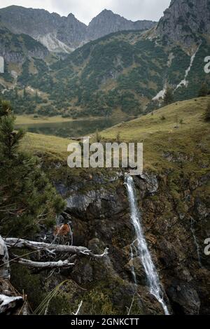 La cascade du lac de montagne Geisalpsee dans les montagnes bavaroises près d'Oberstdorf. Banque D'Images