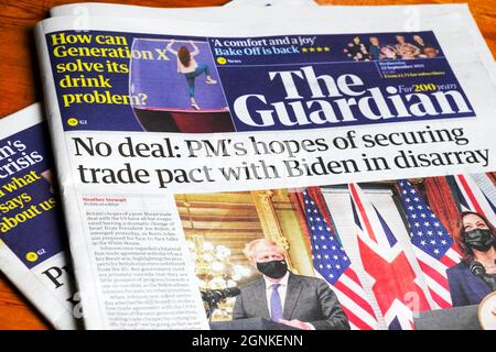 "Pas d'accord: Johnson espère obtenir un pacte commercial avec Biden dans le désarroi" le journal Guardian titre AUSUK première page article 22 septembre 2021 Royaume-Uni Banque D'Images