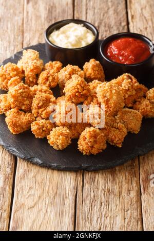 Pop-corn au poulet américain avec deux sauces en gros plan sur un tableau d'ardoise sur la table. Vertical Banque D'Images