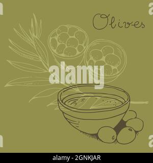 Olives dans un bol et branche d'olive isolée sur fond avec texte, illustration vectorielle Illustration de Vecteur