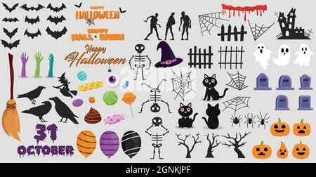 Grand ensemble de couleurs avec éléments pour les fêtes Halloween - illustration vectorielle Illustration de Vecteur