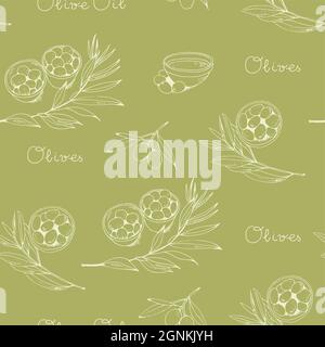 Olives et branche d'olive motif vectoriel sans couture, huile d'olive fond de nourriture vintage Illustration de Vecteur