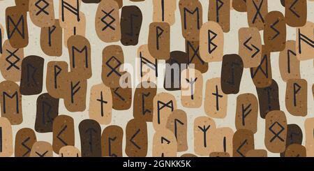 Runes Schéma ethnique sans couture. Alphabet runique, Futhark. Symboles occultes de la norse antique, lettres noires vikings sur marron, police rune. Design pour tissu, wa Illustration de Vecteur