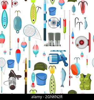 Marchandises pour la pêche. Équipement et accessoires pour les loisirs et la chasse sur les réservoirs. Vente de cannes à pêche et de vêtements. Motif sans couture. Ilustreti Illustration de Vecteur