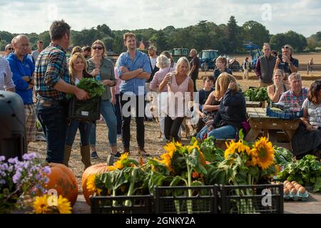 Waltham St Lawrence, Royaume-Uni. 26 septembre 2021. C'était une belle journée ensoleillée, alors que des tracteurs modernes et anciens l'ont combattue lors du match de labour annuel de la Royal East Berkshire Agricultural Association à Church Farm. Il y a eu une vente aux enchères de légumes et de fruits cultivés par les agriculteurs locaux. Les clients ont profité d'un spectacle canin, de la fauconnerie et d'une journée sous le soleil d'automne. Crédit : Maureen McLean/Alay Live News Banque D'Images