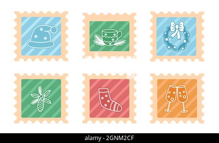 Ensemble de jolis timbres de Noël avec symboles et éléments de fête. Collection de mignons lettres de noël Illustration de Vecteur