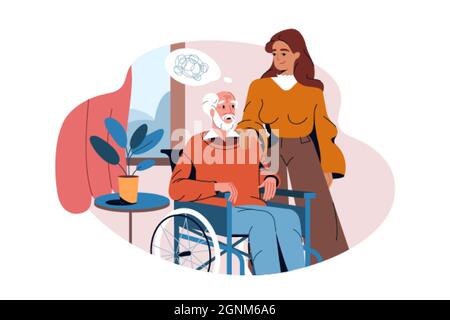 L'homme âgé plat souffre de démence ou de la maladie d'alzheimers. Une jeune femme bénévole ou travailleuse sociale s'occupe d'une personne âgée. La personne handicapée en fauteuil roulant avec des problèmes de cerveau a le soutien de parent. Illustration de Vecteur