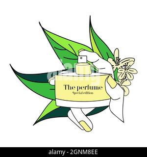 Parfum jaune dans une main élégante avec manucure jaune sur fond de fleurs et de feuilles. Illustration vectorielle. Illustration de Vecteur