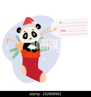 Étiquette de Noël. Chaussette de Noël avec panda mignon en chapeau de père Noël avec pain d'épice, caramel rayé et carte de voeux. Illustration vectorielle. Pour voiture du nouvel an Illustration de Vecteur