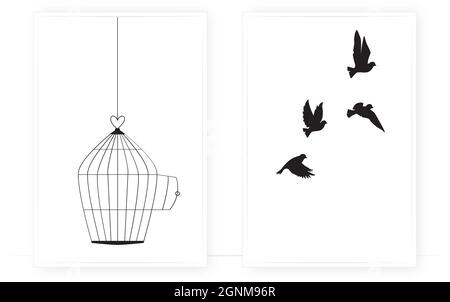 Silhouette de cage d'oiseaux suspendue et silhouettes d'oiseaux volantes isolées sur fond blanc, vecteur. Deux pièces en toile. Minimaliste scandinave Illustration de Vecteur