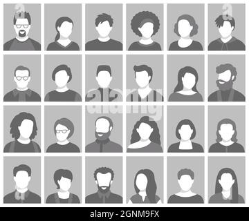 Ensemble de personnes, avatars, gens têtes silhouettes. Les personnes font face à la collection d'icônes de réseau social. Illustration de Vecteur