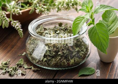 Pot en verre de feuilles de menthe séchées et de menthe poivrée en fleur. Mortier de feuilles de menthe fraîche. Bol en bois de fleurs de Mentha piperita plantes médicinales sur ba Banque D'Images