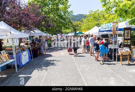 Port de Fulford Saltspring Island BC , Canada- le 10 juillet 2021 : les acheteurs naviguent pour trouver des marchandises sur le marché populaire des fermiers du samedi au port de Fulford Banque D'Images