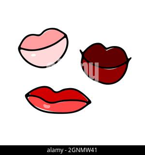 Jeu de lèvres rouges dessinées à la main. Bouche isolée sur fond blanc. Sourire affectueux en forme de cœur. Symbole de l'amour, romance, Saint Valentin, nous Illustration de Vecteur